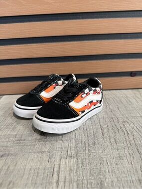 Kids Black Sneakers with Orange Flame Accent